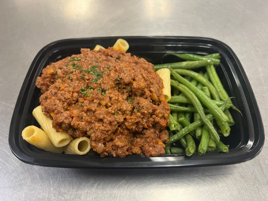 Ground beef bolognese over rigatoni