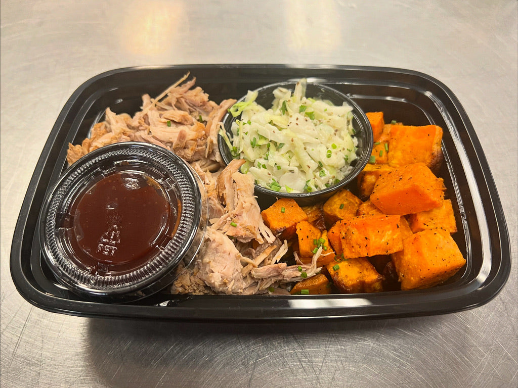 BBQ Pulled Pork Bowl with Sweet Potatoes & Slaw